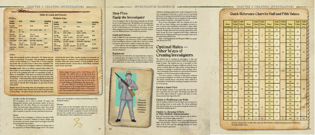A three page section of the Call of Cthulhu Investigator's Handbook. Pages 57-59.